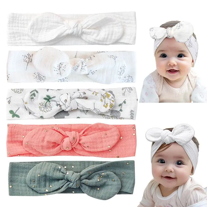 3/4/5pc Gold Stamp Top Knotted Headband Baby Girls Muslin Cotton Bunny Ear Turban Floral Prints Bow Elastic Hairband for Kids