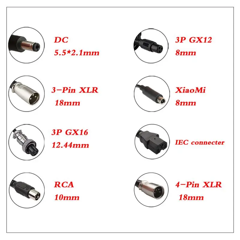 EBike Li-ion Lithium Battery Charger Cable Scooter charger DIY Cable DC/GX16/GX12/XLR/RCA/IEC/DC8mm DIY Cable battery charger