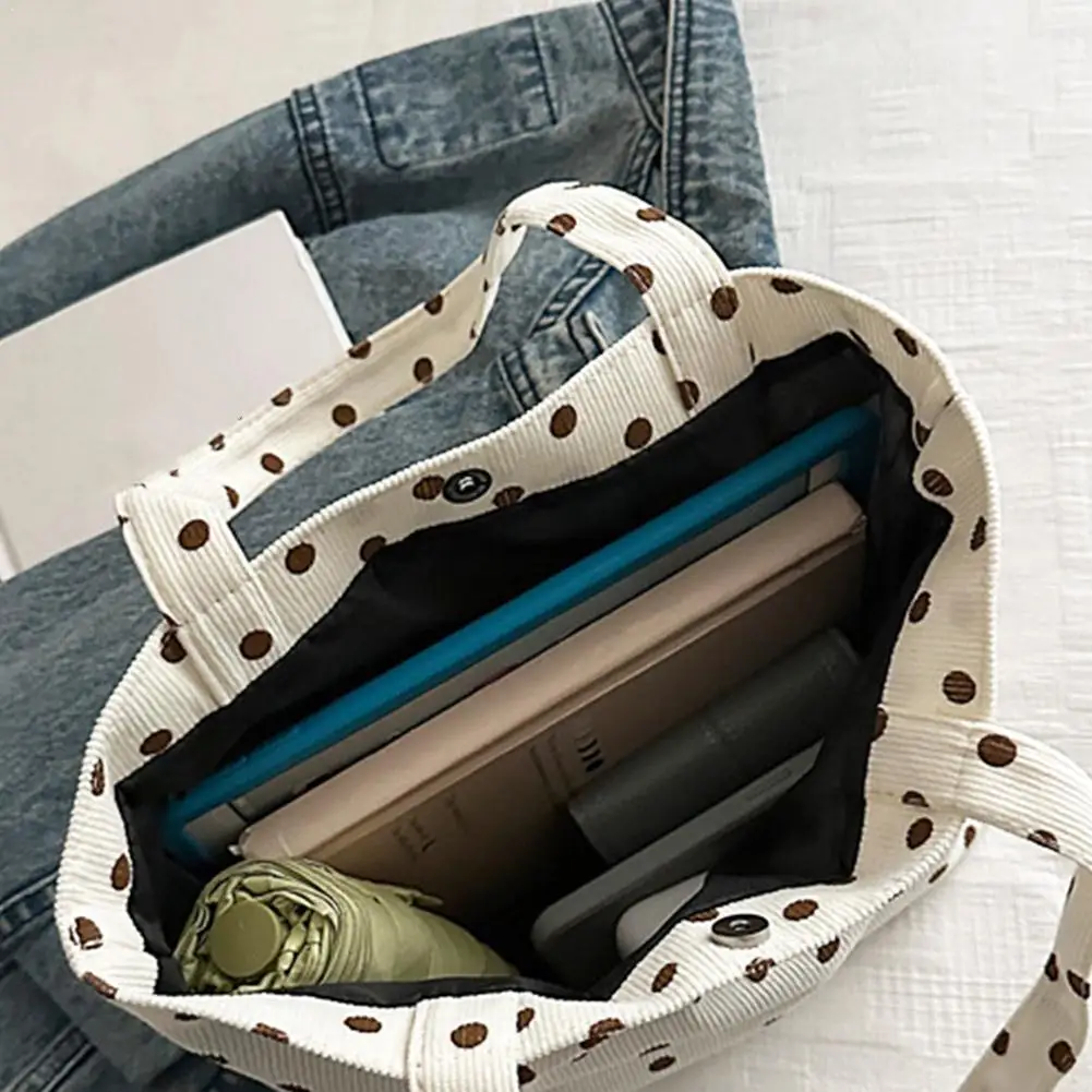 Polka Dot Corduroy Tote Bag for Women Stylish Textured Fabric Magnetic Closure Lightweight Daily Use Work Shopping Gift Idea