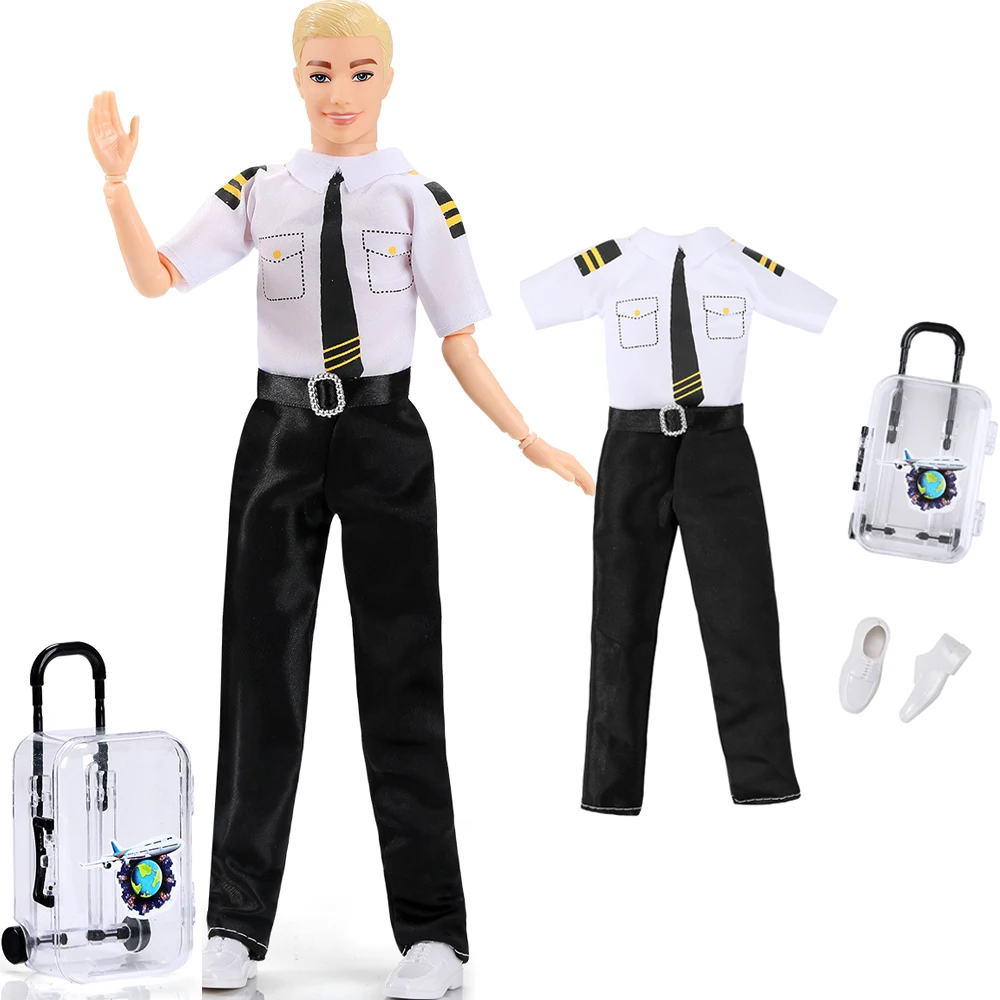 NK Official 1 Set Doll Clothes Role Play Airplane Pilot Set 12 Inch Boy Doll Clothes： Handsome dress + stylish suitcase + shoes