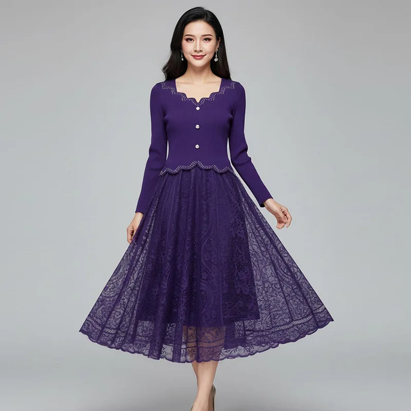 

Плиссированное платье Miyake, весна-лето 2026, новинка, с ажурным кружевным подолом, черное, с завышенной талией, элегантное, удобное, повседневное, модное, плиссированное