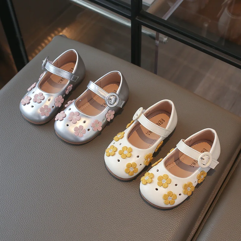 

Jogerli Trendy Girls' Floral Princess Flats Spring Autumn New Fashionable Soft-soled Silver Princess Shoes Loafer Size 22-31