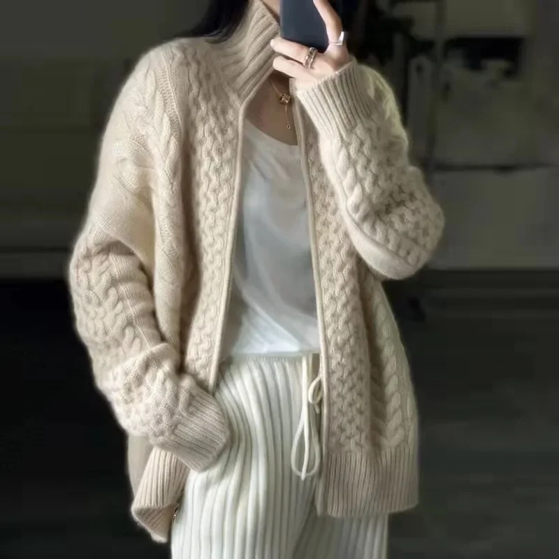 Mulheres camisola de malha sólida com zíper cardigan gola alta grosso manga cheia jumpers suéteres casual splice streetwear outono inverno