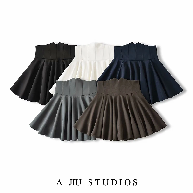 High Waist A-Line  Skirt Women's Summer Design Fibone Waist Cinching Slimming Pleated Vintage Suit ort Skirt