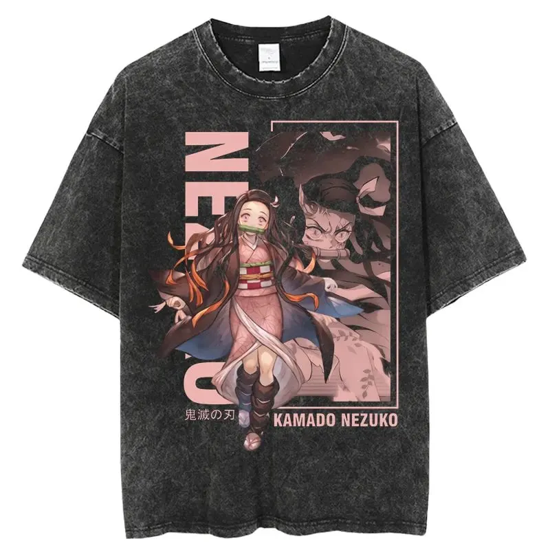 Koszulka Harajuku Anime Demon Slayer Nezuko Vintage Washed Graphic T-Shirt Męska Damska Bawełniana Krótki Rękaw Casualowe Topy Y2k Streetwear