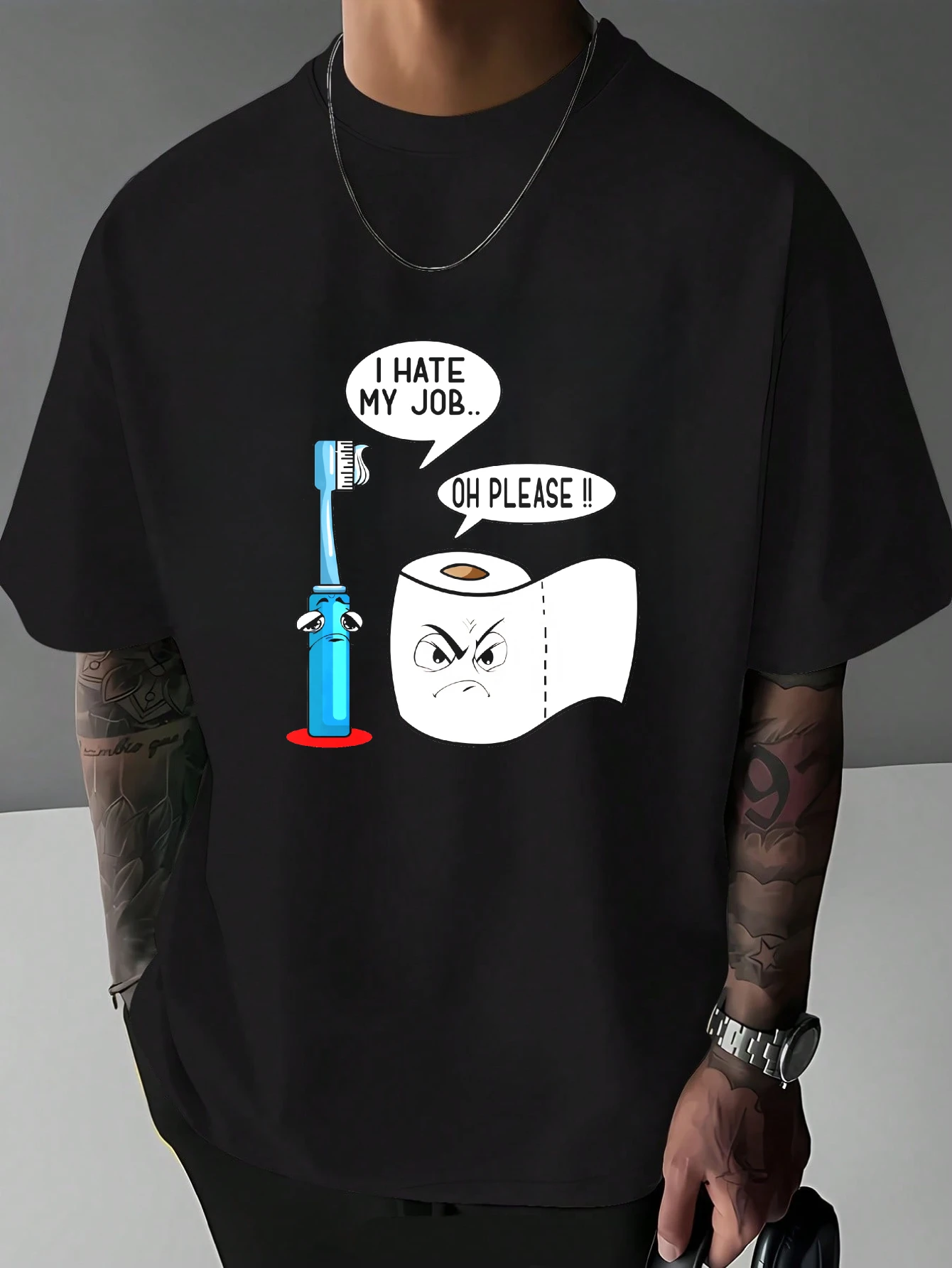 Mens Humor Cartoon T Shirt Toothbrush Toilet Paper Slogan Graphic Print Short Sleeve Crew Neck Casual Cotton Male Fashion Tee