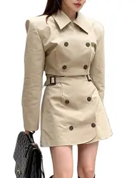 Retro Fashion Casual Lapel Long Sleeve Khaki Short Jacket Coat And High Waist Mini Skirts Suits 2024 New Autumn Office OL Set