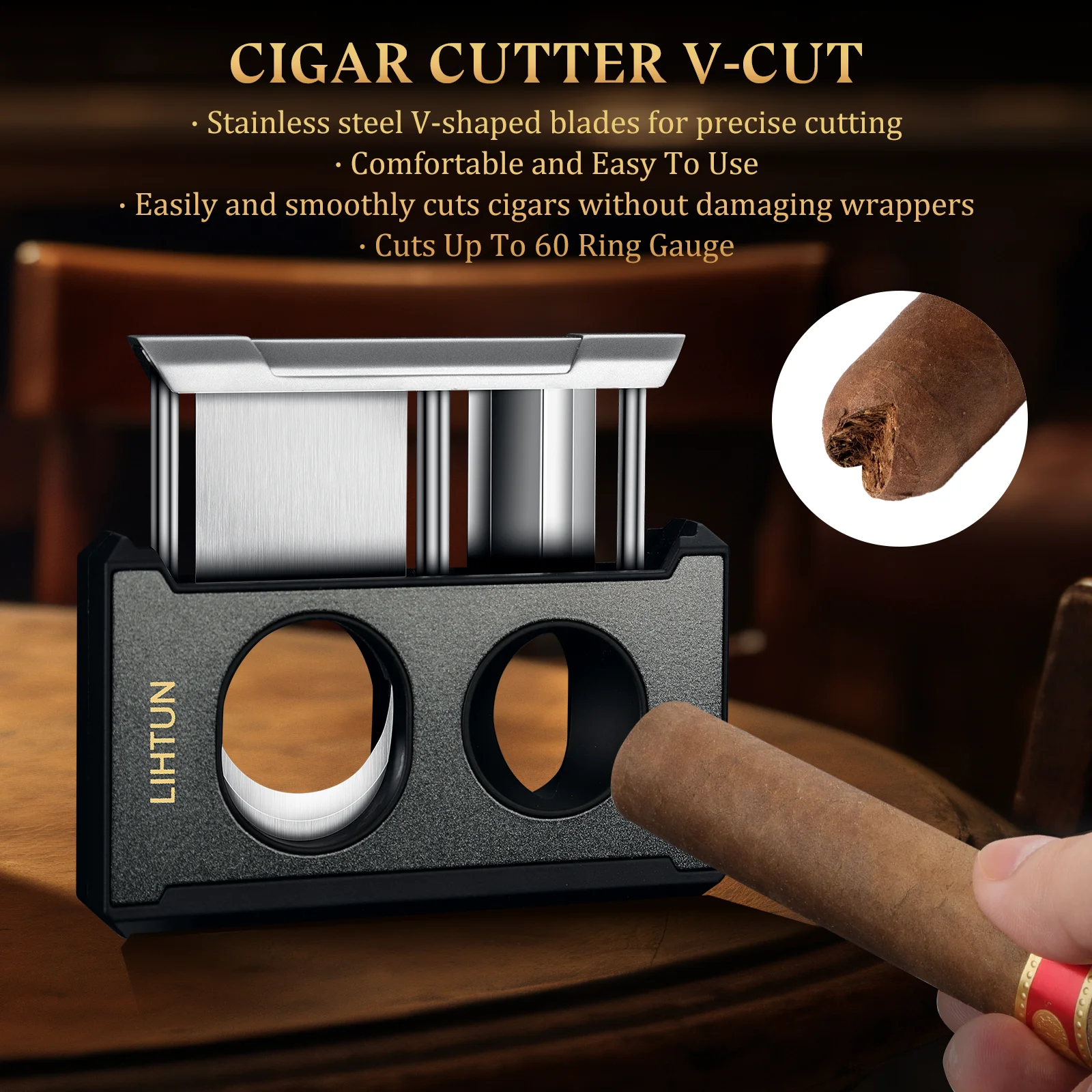 Cigar Cutter Guillotine 4 in 1 Straight Cut V Cutter with Cigar Punch Cigar Draw Enhancer, Stainless Steel Blade Cigar Clippers