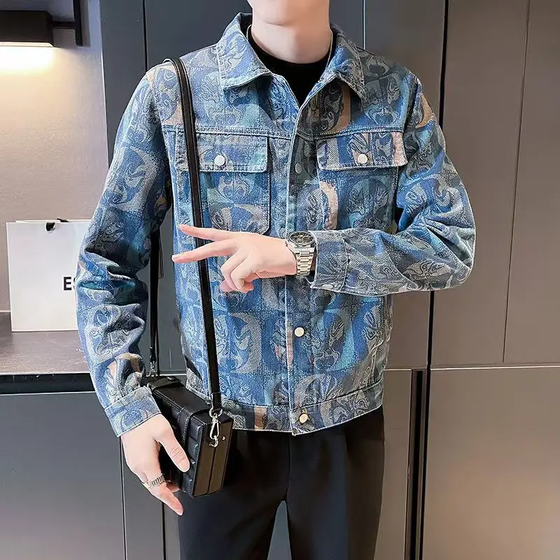 Spring Autumn High Quality Men\'s Fashion Casual Jacket Cowboy Lapel Coat Jacquard pattern Plaid Tops Men Denim jackets