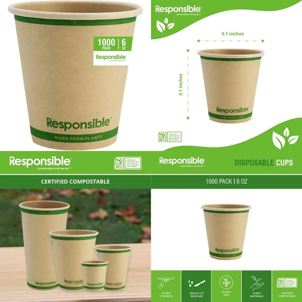 

Компостируемые бумажные кофейные чашки — 6 унций, без деревьев, сверхпрочные, без целлюлозы, долговечные контейнеры для горячих напитков