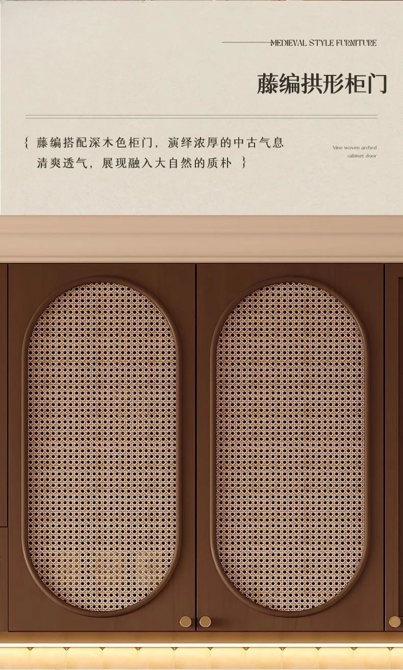 Side cabinet retro living room tea cabinet rattan locker
