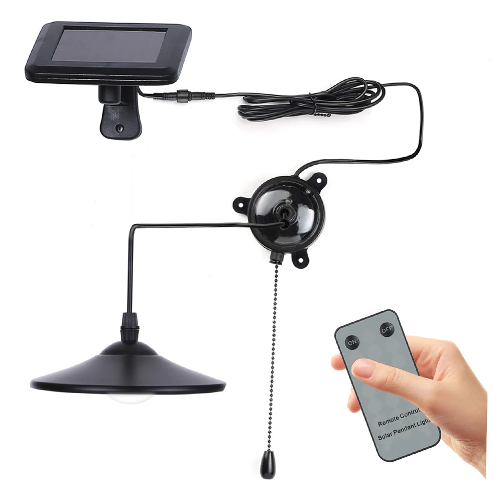 Solar Pendant Light 2 Control Modes 8 LED Solar Shed Light with Remote Control and Pull Cord Switch for Indoor Outdoor