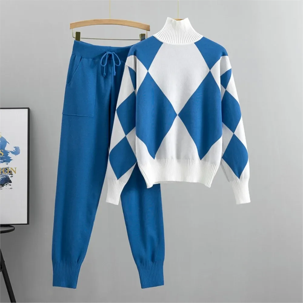 CPSYMYM Women's Fashion Knitted Checkered Turtleneck Sweater 2 Piece Autum Winter Casual Lace Up Pocket Knitted Pants Sports Fem