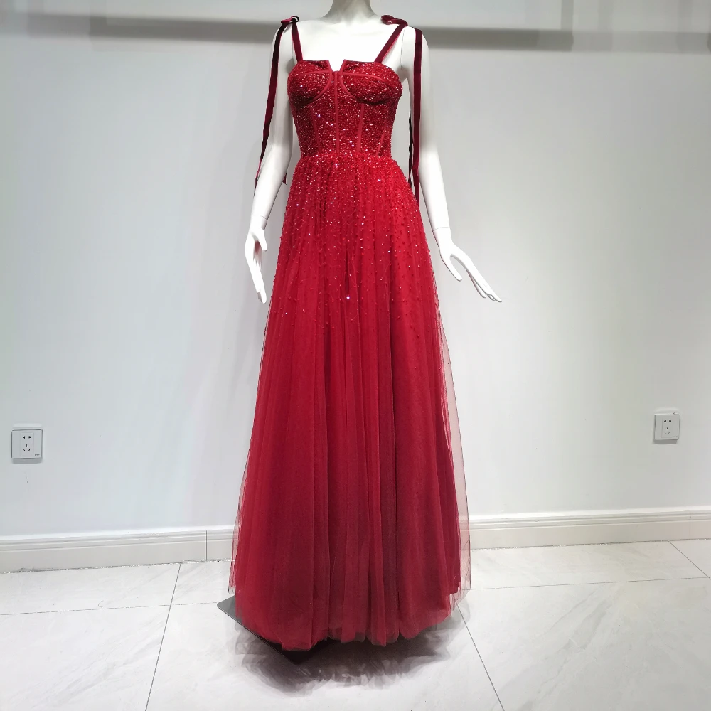 Red Crystal Luxury New Arrive Glitter Court Train Straps with Diamond A-Line Formal Evening Dresses for Women Wedding Gowns