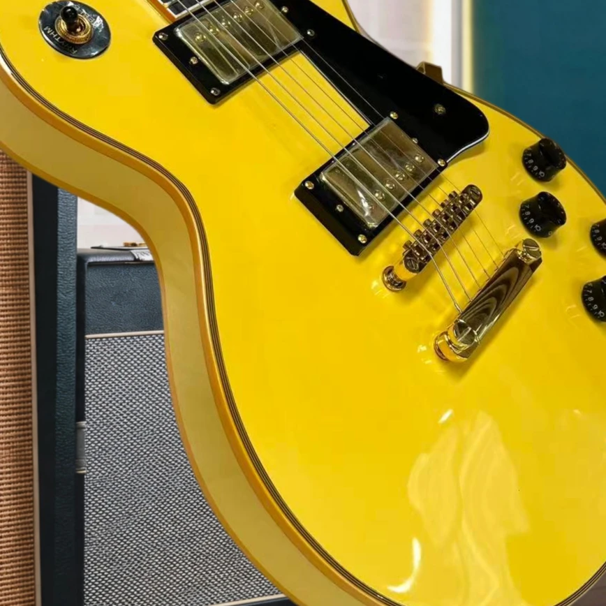 Gloss Solid Yellow LPQ Custom Electric Guitar, Gold Tom Bridge & Gold Burst Pro Humbucker Pickups, view 2