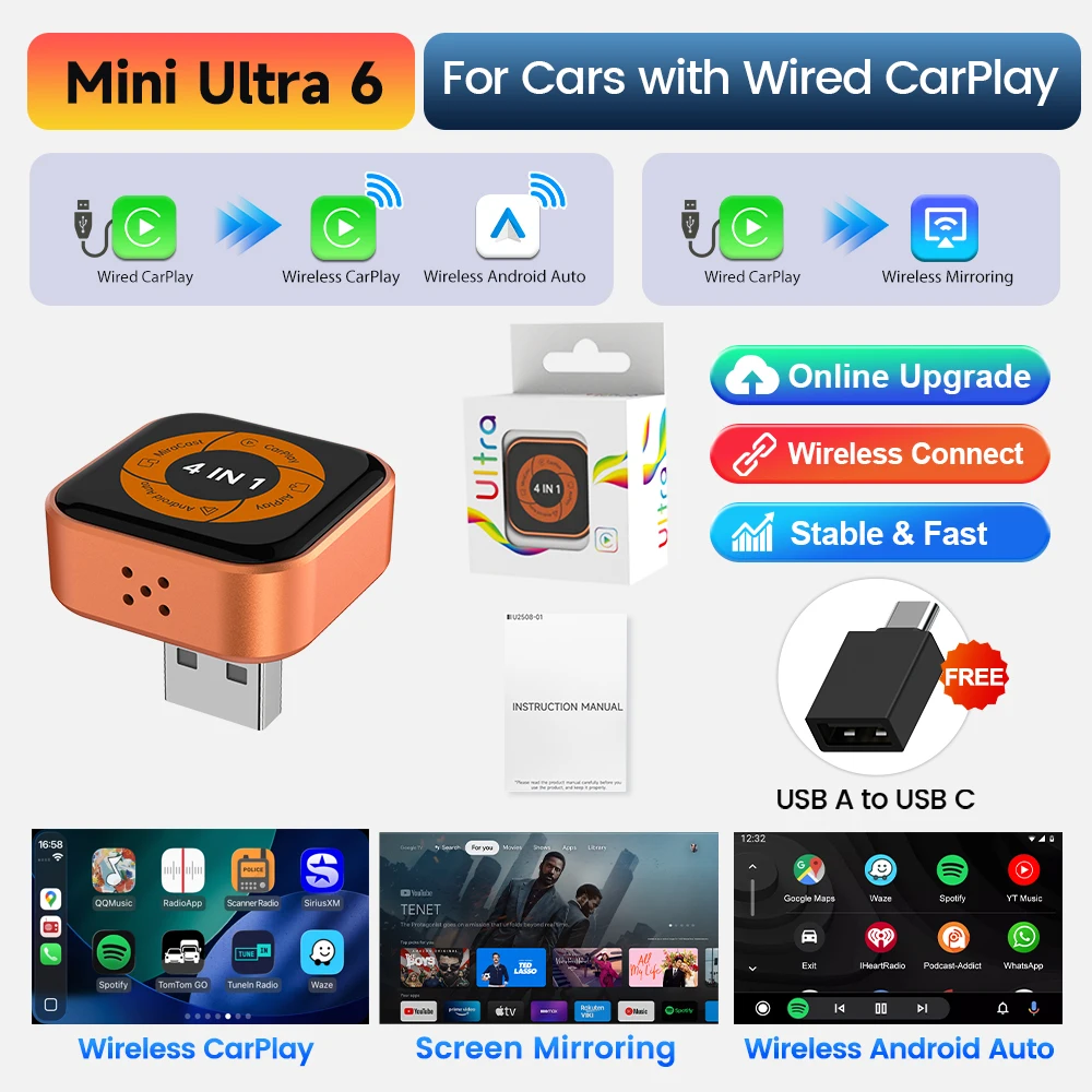 Originele Mini Ultra 6 nieuw geüpgraded 4-in-1 draadloze schermspiegeladapter, draadloze slimme auto AI-box met Android Auto en CarPlay, OTA-upgrade