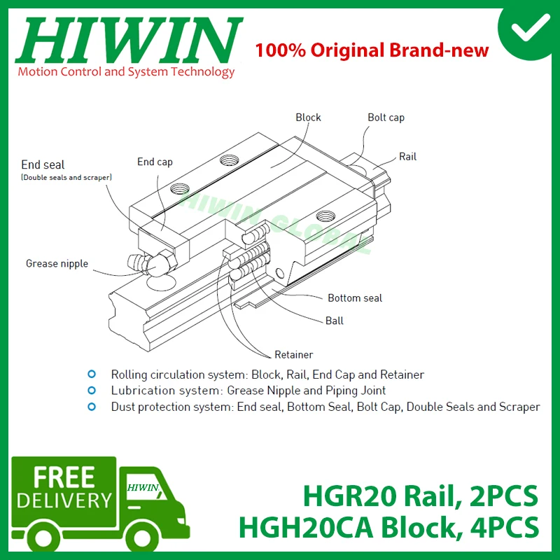 Original HIWIN Linear Guide HGR20 200 300 400 500 600 700 800 900 1000 1100 1200 1500mm Rail HGH20CA Carriage Slide CNC Router