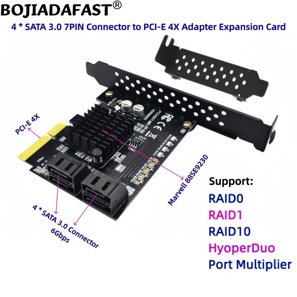 4 * SATA 3.0 7PIN Connector to PCI-E 3.0 4X PCIe X4 Adapter Expansion Card 6Gbps 88SE9230 for Raid Hard Disk Drive
