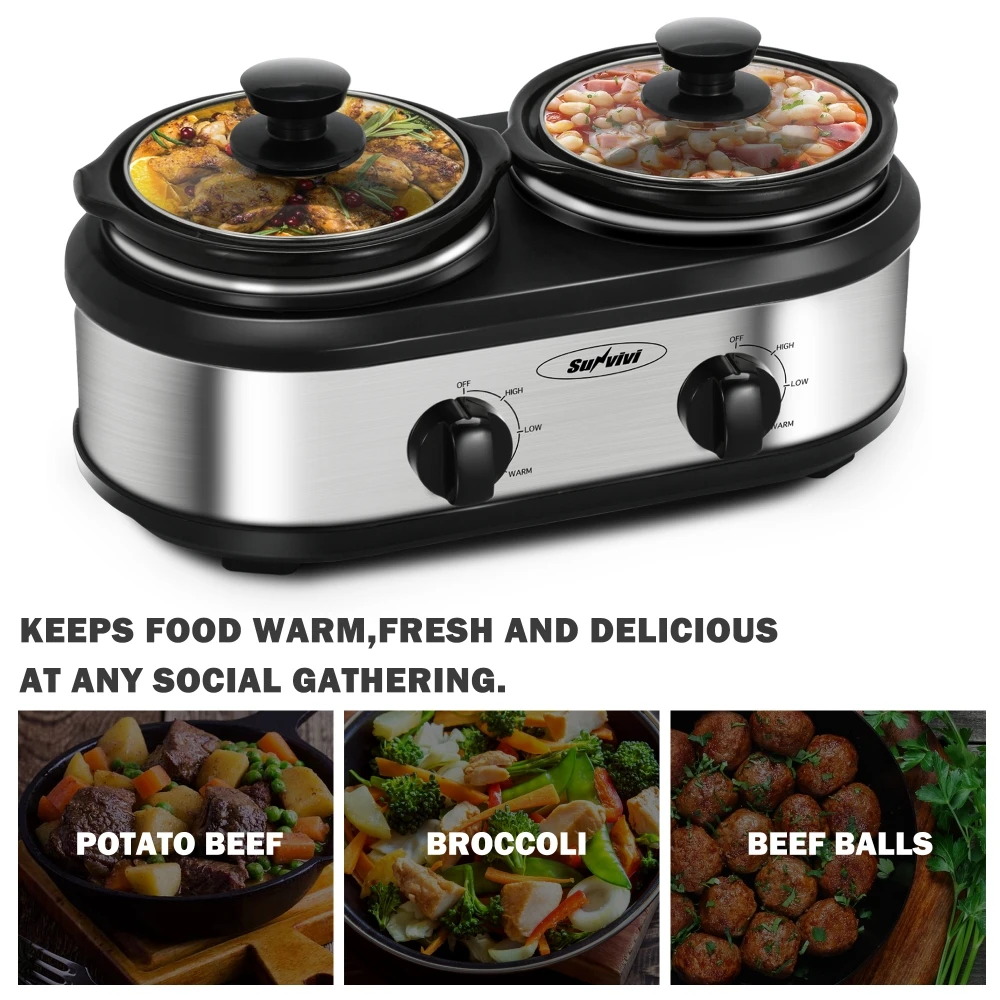 Factory Wholesale 2.5 QT Silver Small Portable Twin Double Crockpot Slow Cooker For Buffet Kitchen