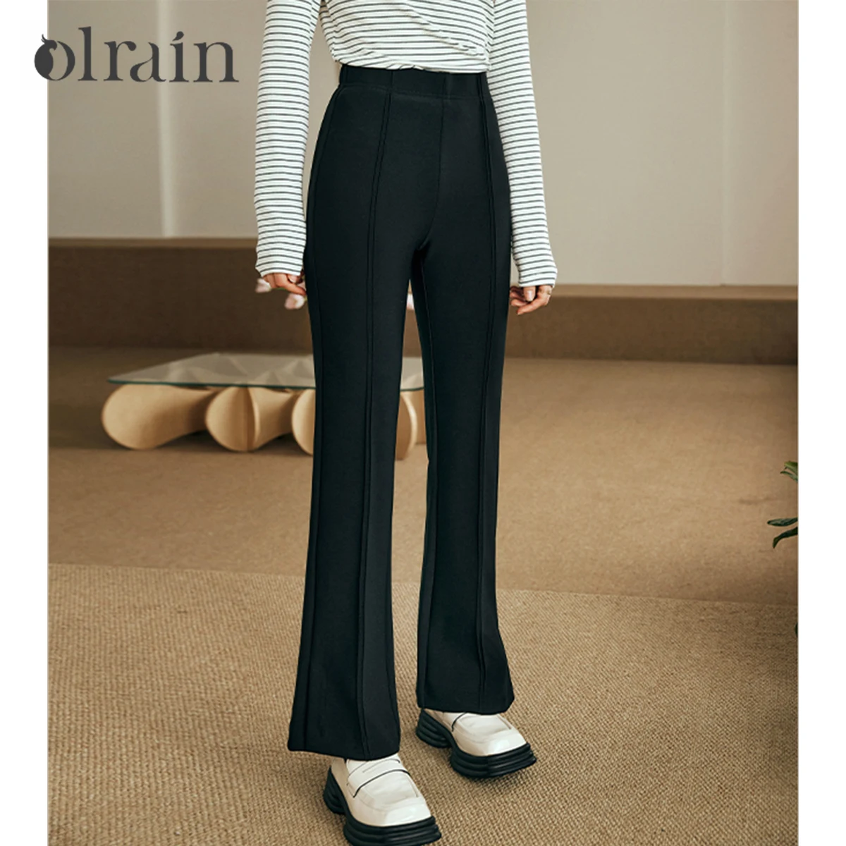 

OLrain Black Knit Flare Pants for Women 2025 Summer Fashion Casual Simple Elastic Waist Full-length Trousers Women O23QK69081