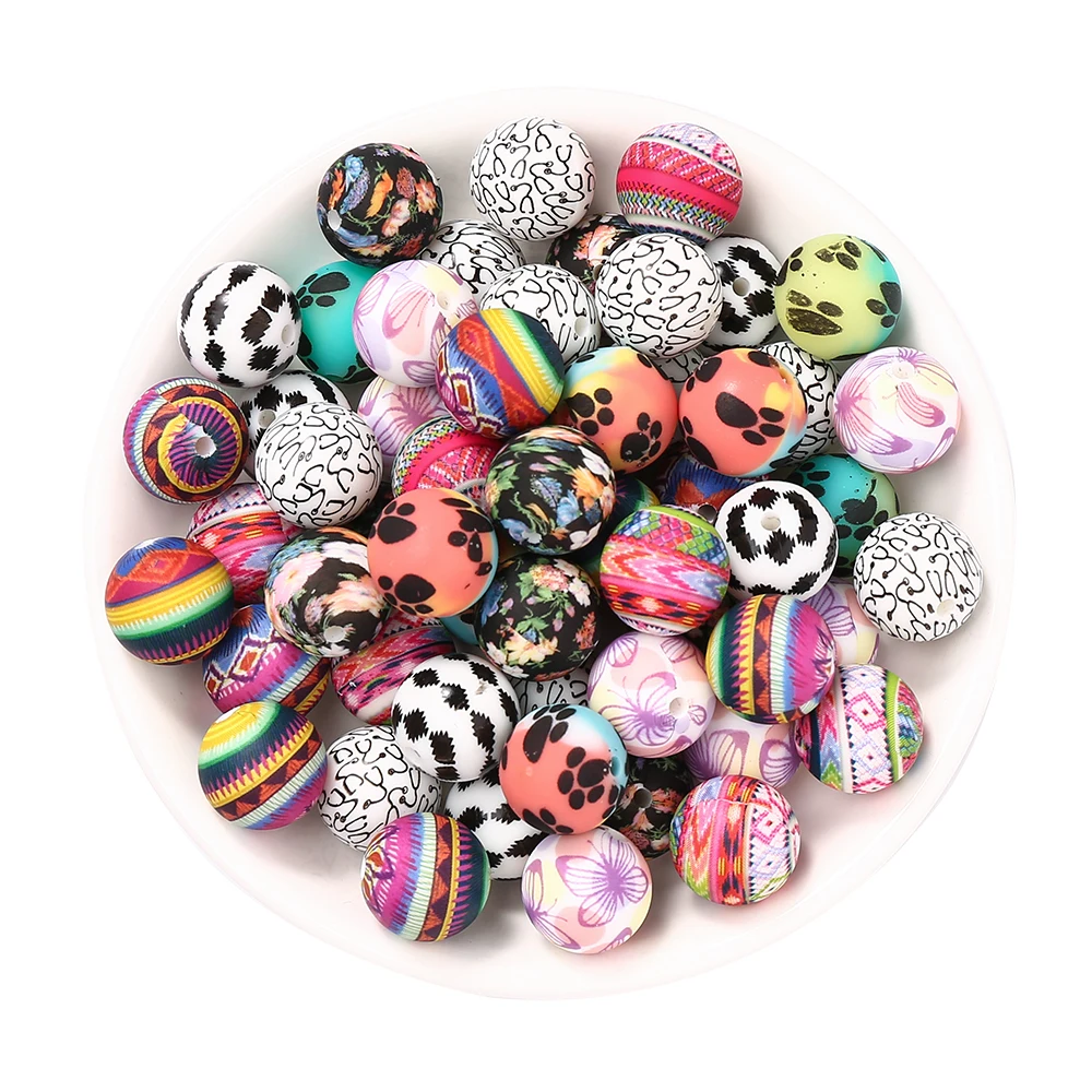

20Pcs 15mm Randomly Mixed Color Printed Beads Teether Focus Bead For Pacifier Chains DIY Jewelry Accessories Making BPA Free