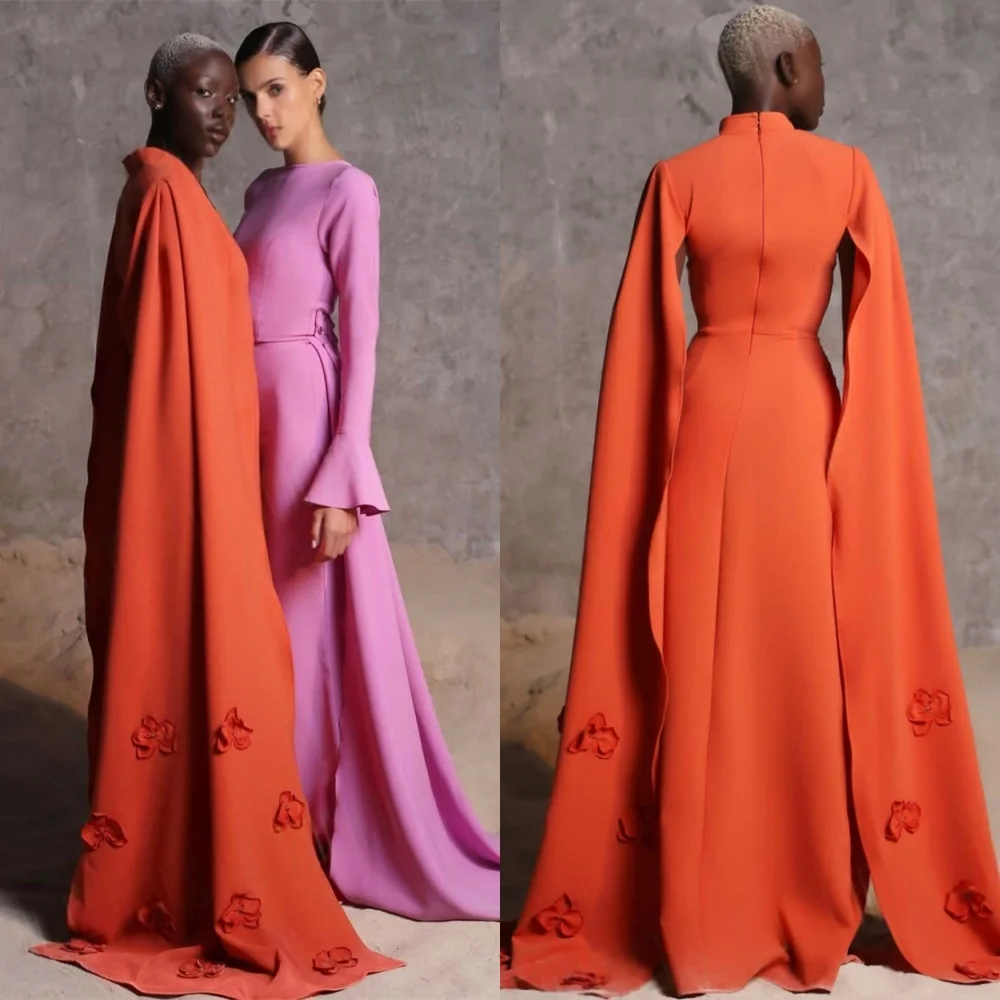 

Customized Delicate orange Jersey Evening Dress Exquisite Square Collar Long Sleeves Party Dress Classic Zipper Back Prom Dress