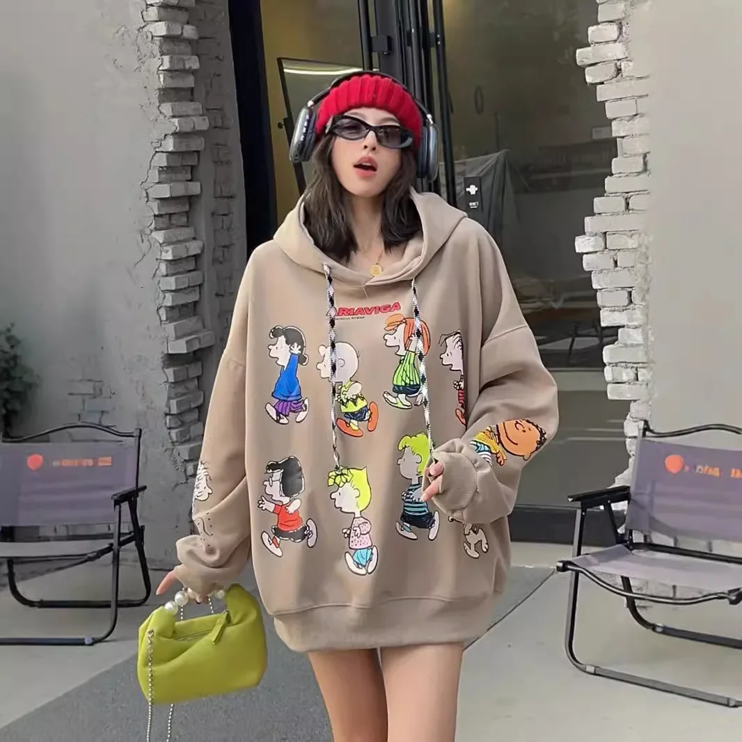 Oversized Graffiti Cartoon Print Hooded Sweatshirts Women 2024 New Spring and Autumn Mid Length Loose Casual Hoodie Coats