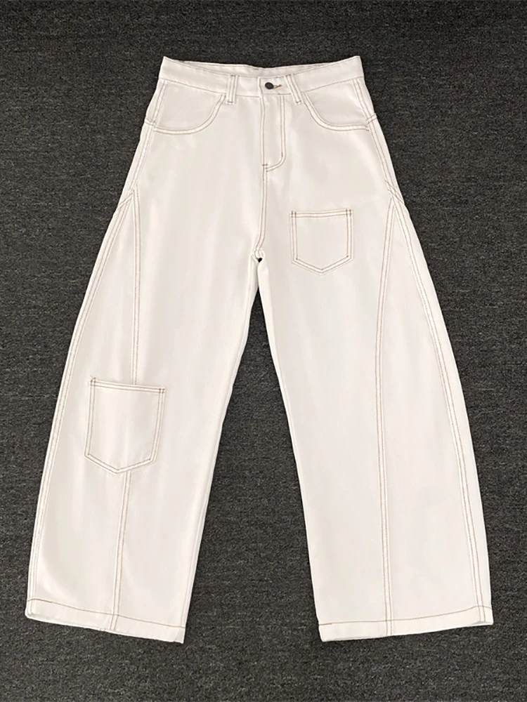 Homens branco emenda jeans bolso remendo outono calças de perna larga americano streetwear moda casual simples solto masculino calças jeans