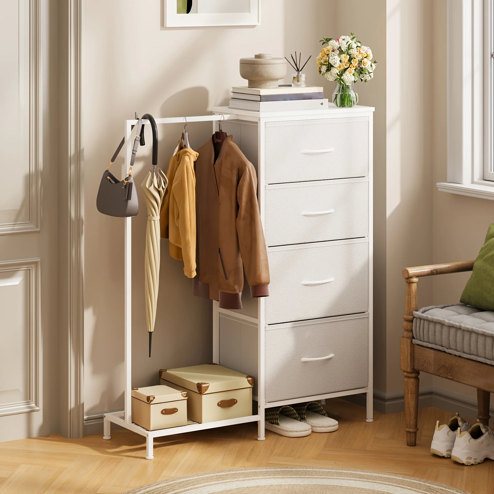 

Dresser with Clothes Rack, 4/5 Drawers Closet for Bedroom, Fabric Chest Of Drawers, Tall Storage Tower, Sturdy Frame(White-4 Drawers-Small Size, Black-5 Drawers-Large Size)(5 Drawers Style with LED&Charging Station)