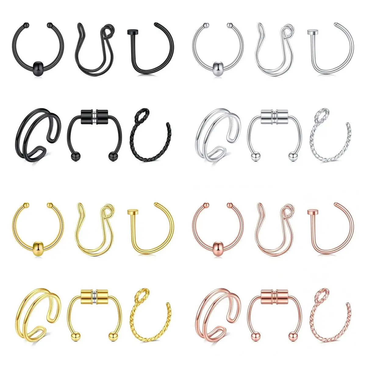 6pcs Stainless Steel Magnet Fake Nose Ring Hoop Fake Piercing Hoop Septum Rings For Women Fashion Gothic Rock Body Jewelry Gifts