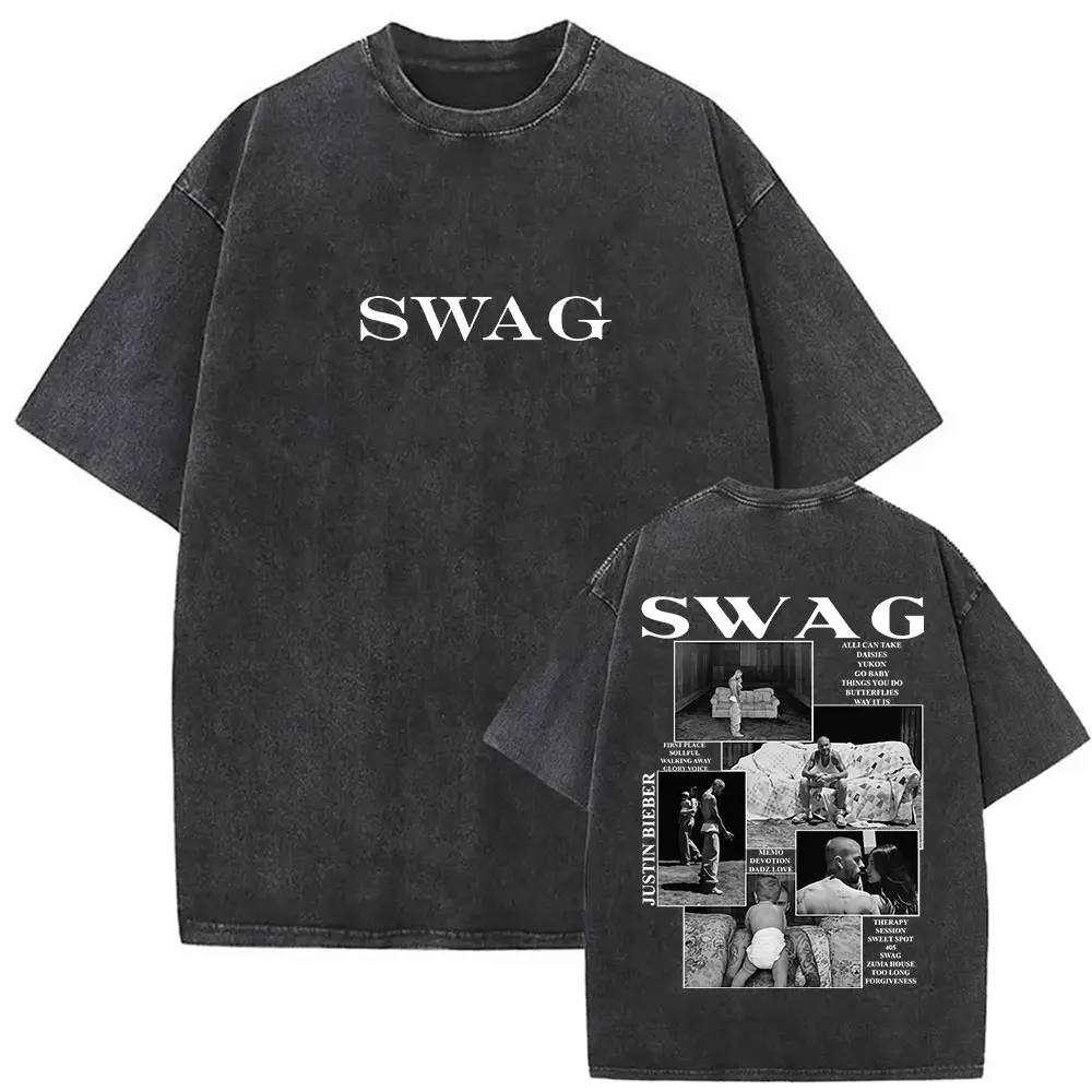 Justin Bieber SWAG Album 2025 Vintage Washed T Shirts Men's Street Hip Hop Tide Short Sleeve T-shirt Pure Cotton Tees Streetwear