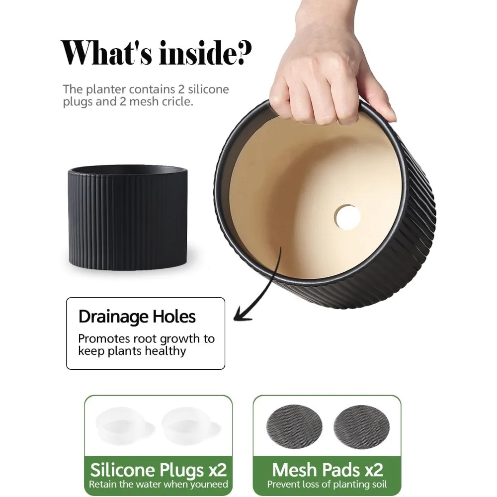 

Modern Ceramic Plant Pots with Drainage, 8.1+6 Inch Indoor Flower Planters for Home Decor, Minimalist Black Cylinder Design