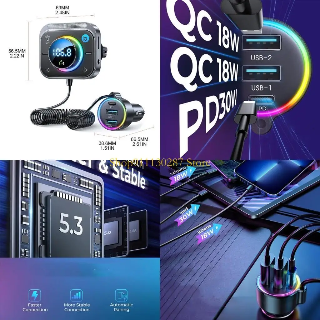 

J1HC Bluetooth-compatible FM Transmitter Car Adapter with Dual USB Charging Car MP3 Player Support PD 30W & QC3.0