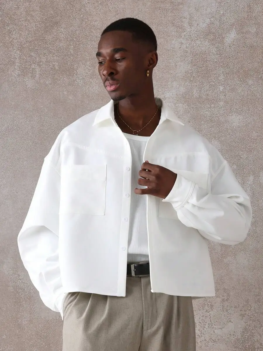 

Men's Oversized White Woven Casual Shirt with Chest Pockets