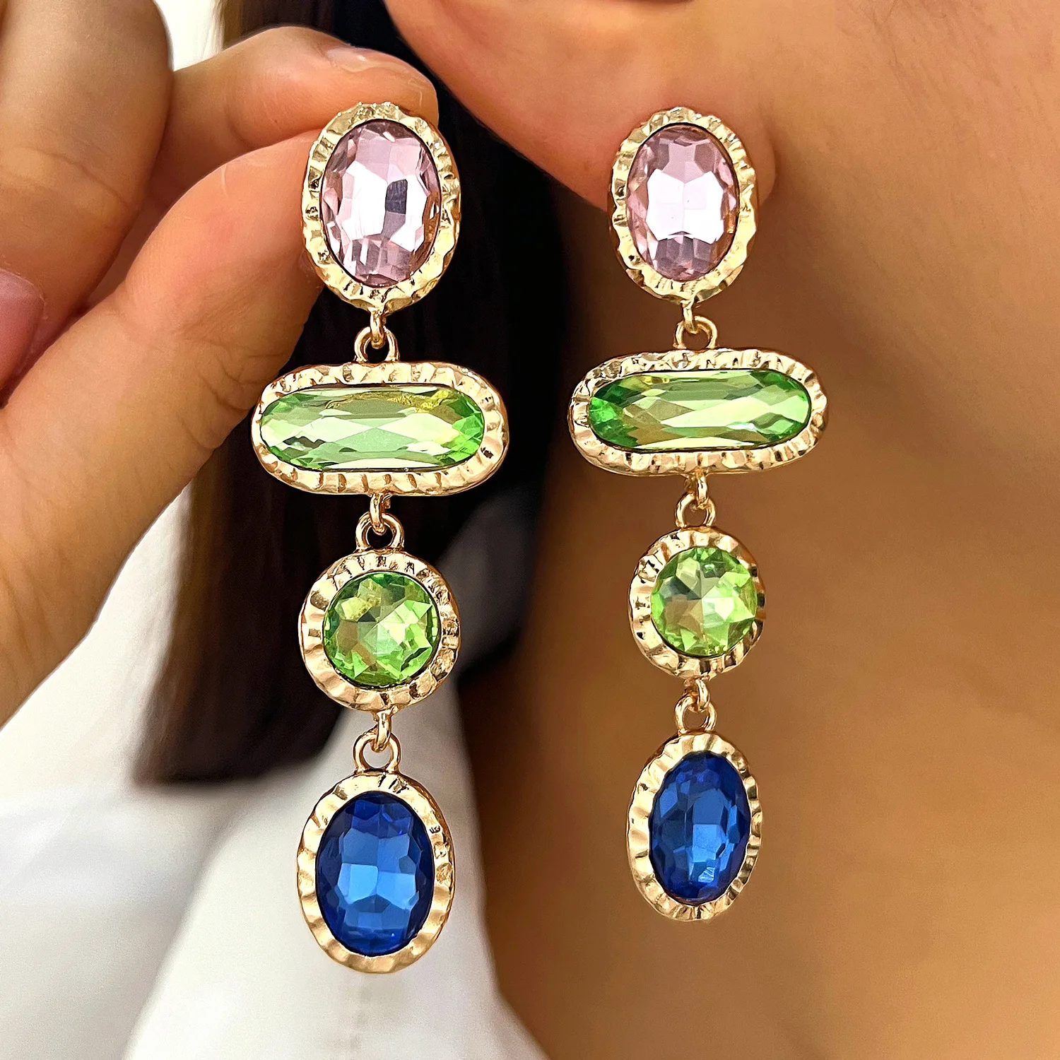 Fashion Exaggerated Green Purple Yellow Zircon Drop Earrings For Women Jewelry 2026 Trending New Luxury Women's Long Earrings
