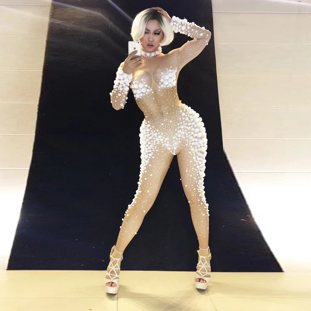 Fashion White Small Ball Rhinestones Bodysuits Women Sexy Bodycon Jumpsuit Playsuits Stage Costume Stripper Pole Dancewear