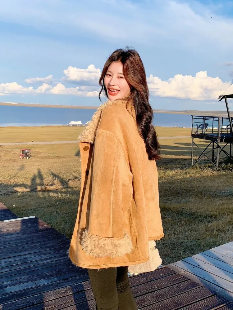 Korean Style Brown Reversible Women Jacket Winter Warm Faux Fur Outerwear Fashion Stand Collar Single Breasted Loose Fit Coat