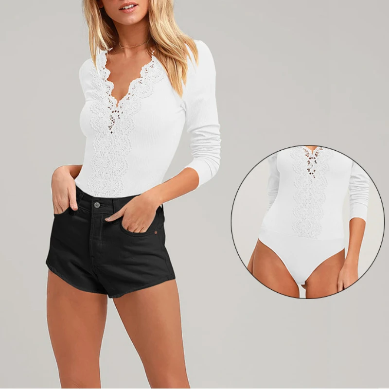 

Sexy Deep V-Neck Hollow Out Lace Trim Long Sleeve Bodysuits for Women Fashion Rib Knit Playsuits Autumn Jumpsuit AM4574