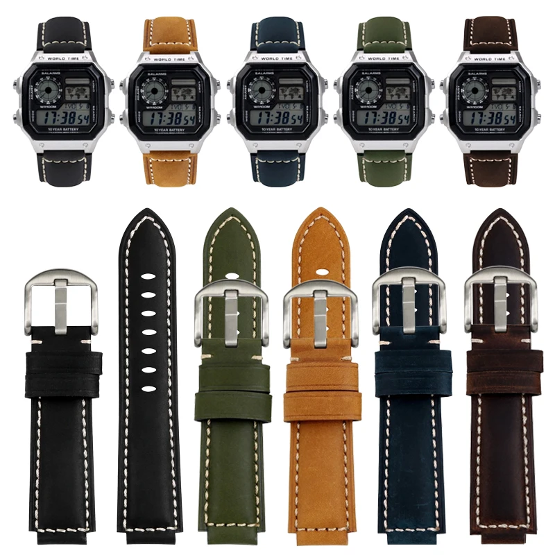 

For Casio AE-1200 AE1300 WS-1600 A158W A168 F91W Watch Strap 18mm Convex Men Retro Cowhide Leather Band replacement Accessories