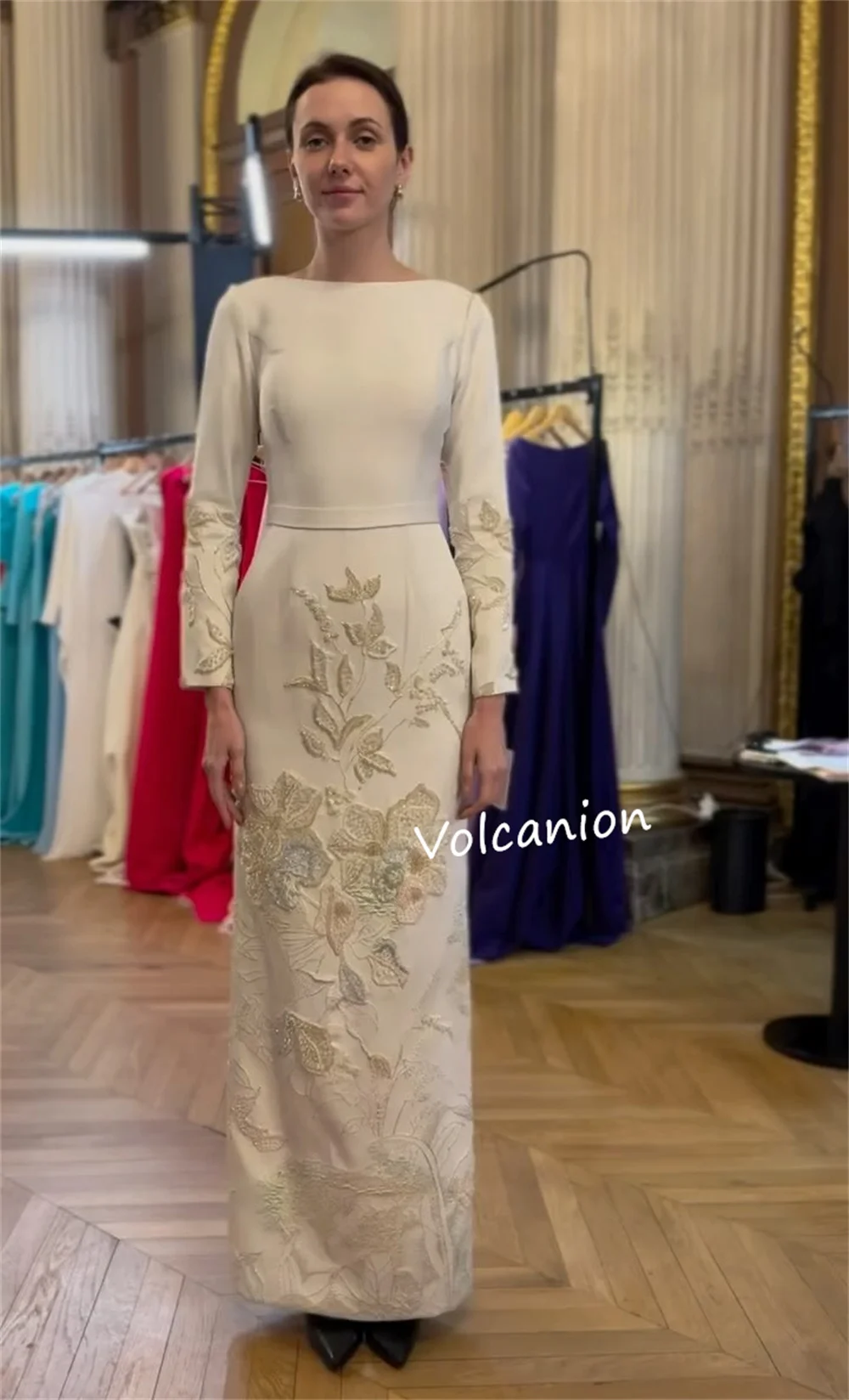Customized Jersey Flower Pattern Beading Straight O-Neck Midi Dresses Bespoke Occasion Classic Exquisite Formal