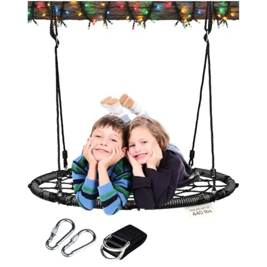 

Подвесные качели-паутинка для деревьев, подарок на любой сезон - черная платформа 40 дюймов - грузоподъемность 440 фунтов и водонепроницаемая ткань 900D Oxford - прочная стальная рама