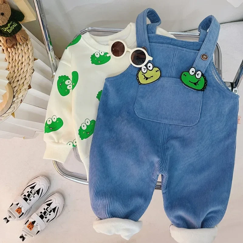 Autumn Winter Girl Clothing Set Cute Cartoon Strap Pants+Hoodies 2pcs Suit Plush Warm Princess Clothes Fashion Baby Girl Clothes