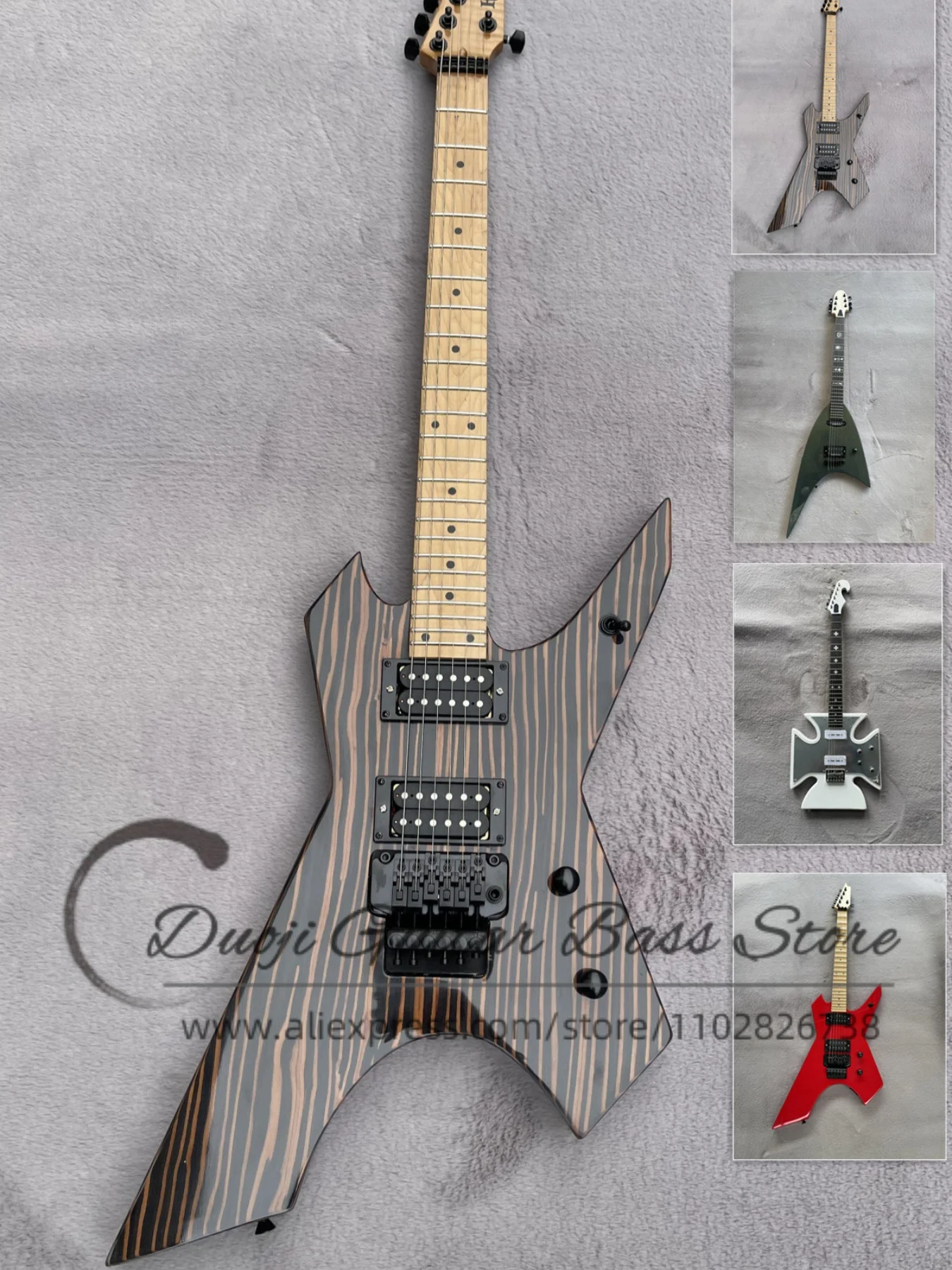 Zebra wood electric guitar, natural color gloss body, maple neck, maple fingerboard,tremolo bridge, black tuners