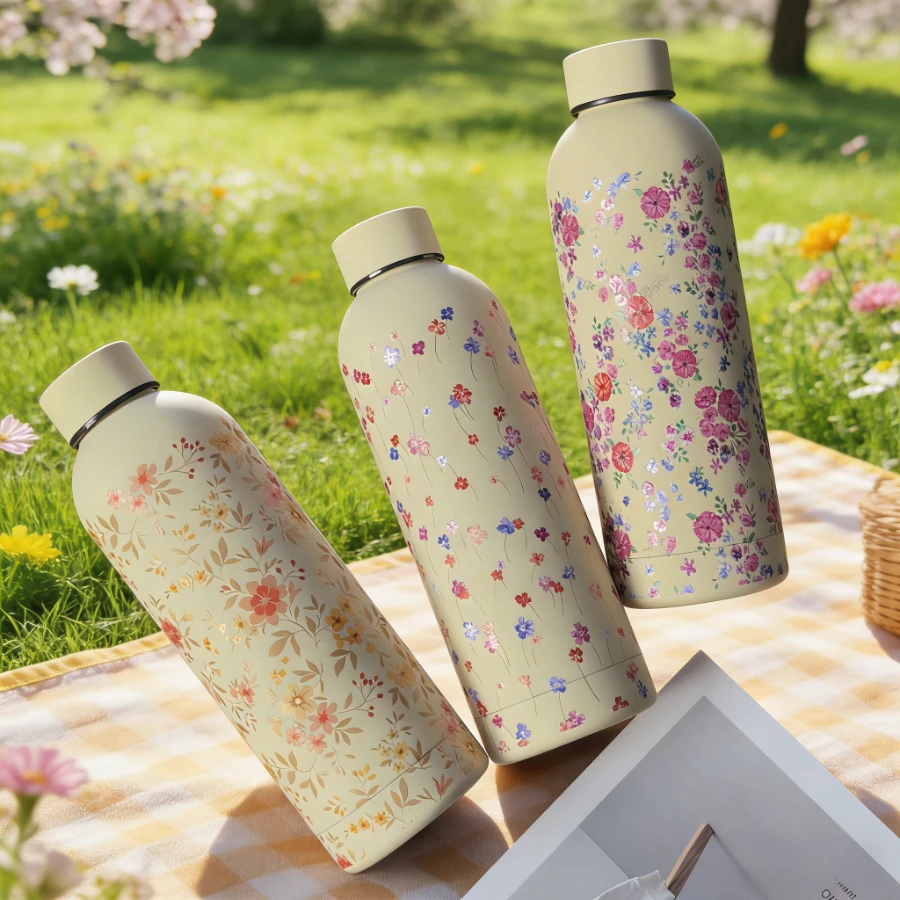 1pc17ozThree-Flower Print Stainless Steel Vacuum Insulated Tumbler, Double-Wall Insulation for Hot and Cold Reusable Travel Fitn