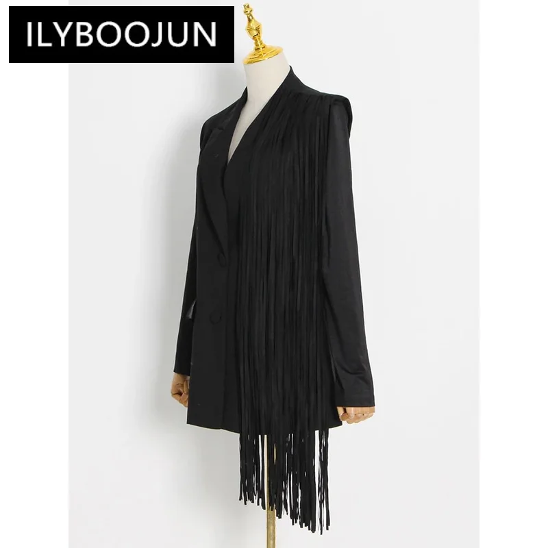 ILYBOOJUN Black Blazer For Women Notched Collar Long Sleeve Patchwork Tassel Hem Solid Blazers Female Korean Fashion Clothing