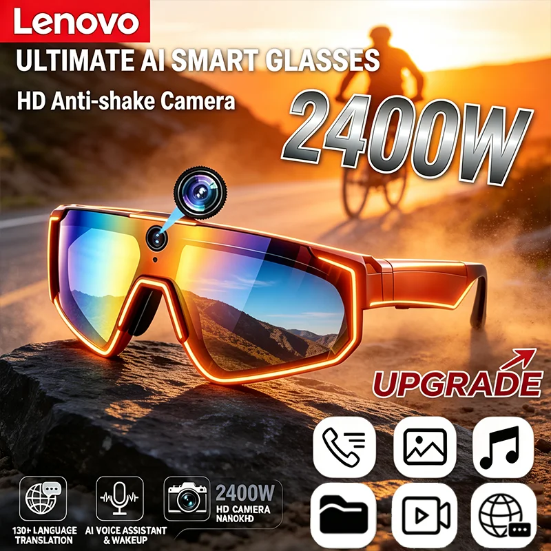 Lenovo 2026 New 2400W ChatGPT AI Smart Glasses 1080P Anti Shake Video Cycling Sport Sunglasses Dual Mic 32GB Windproof Goggle