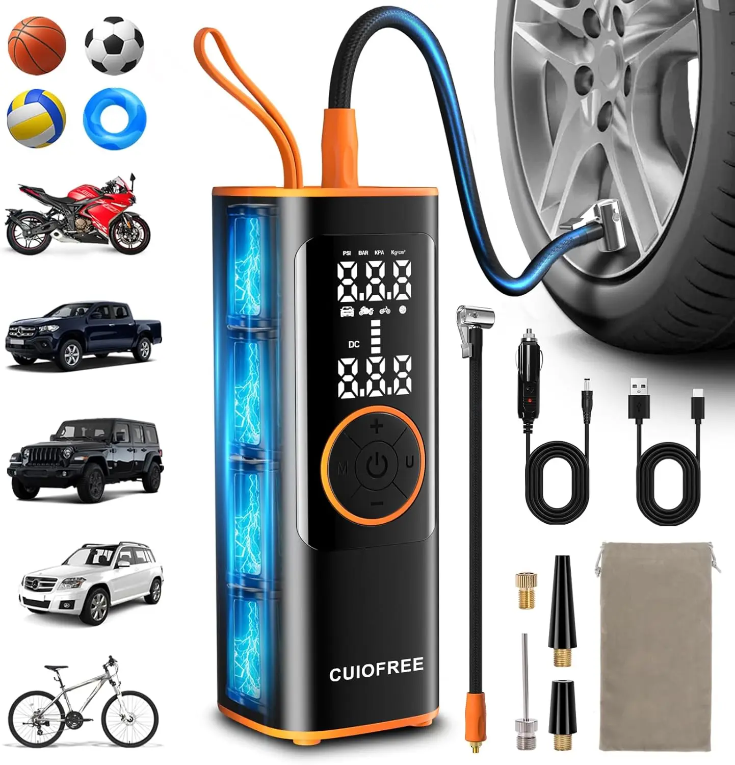 

Cordless Tire Inflator, 150PSI Portable Air Compressor, 6000mAh & 12V DC, for Car, Motorcycle, Bike, Ball, with LED Light & Digi