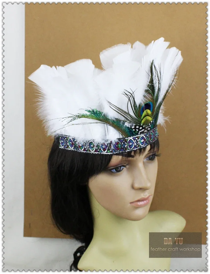 White Peacock Feather Headband Party Hair Accessories Halloween Elastic Rhinstone Feather Headwear for Adults/Kids