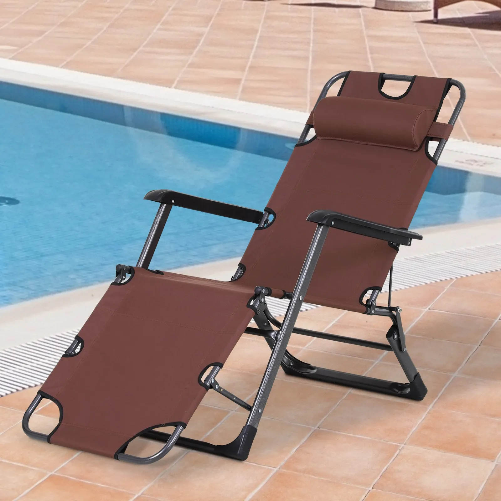 

Brown Folding Outdoor Pool Sun Lounger Chair Oxford Fabric Metal Frame 2 Position 120 180 Degree Recline 330lb Capacity