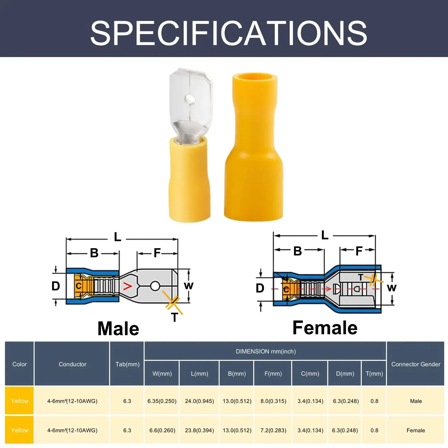 50 Pieces of 6.3mm 12-10Awg, 25 Female Connectors, 25 Male Connectors, Cable Connectors, Insulated Crimp Terminals, Flat Cable Terminal Connectors image 5